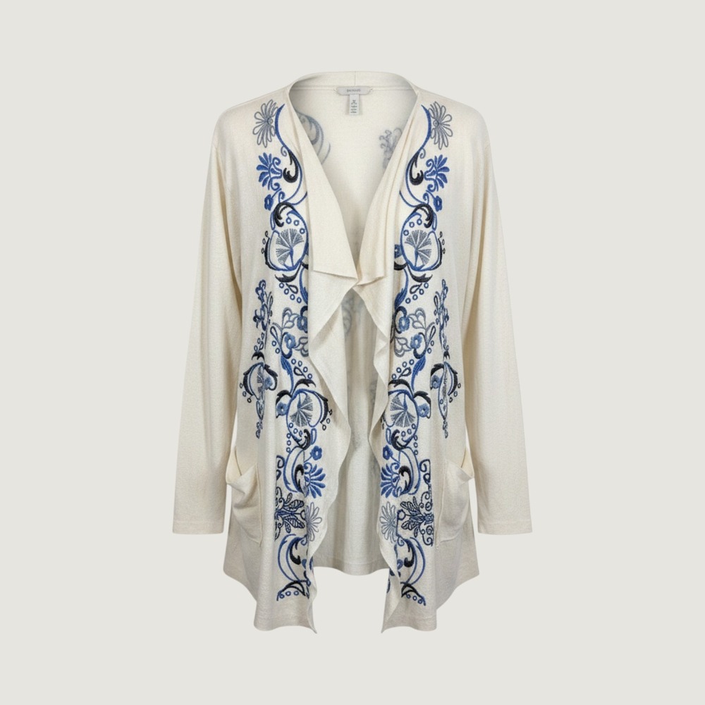 JOHNNY WAS Lightweight Drape-Front Floral Embroidered Boho Cardigan, Large